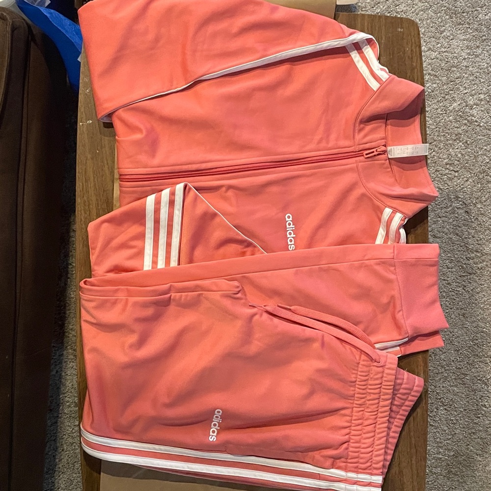 Adidas Women’s Coral Pink 3-Stripe Tracksuit Set (Jacket L + Pants M)